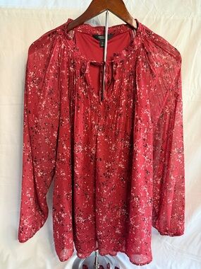 Women's Red Printed Long-Sleeve Peasant Blouse